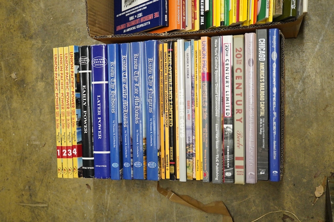 Five boxes of Railway related books, subjects include; the Railway Atlas of Scotland, the Highland Main Line, Chicago America’s Railroad Capital, Union Pacific, Indian Railways, etc., publishers include; New York Central